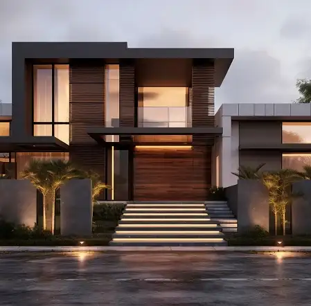 Custom home interior design with modern luxury exterior and warm lighting