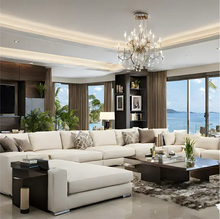 Luxury custom home interior design with modern living room and ocean view