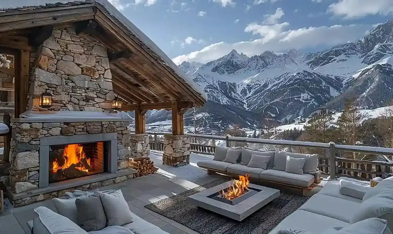 Luxury mountain home patio with snowy landscape