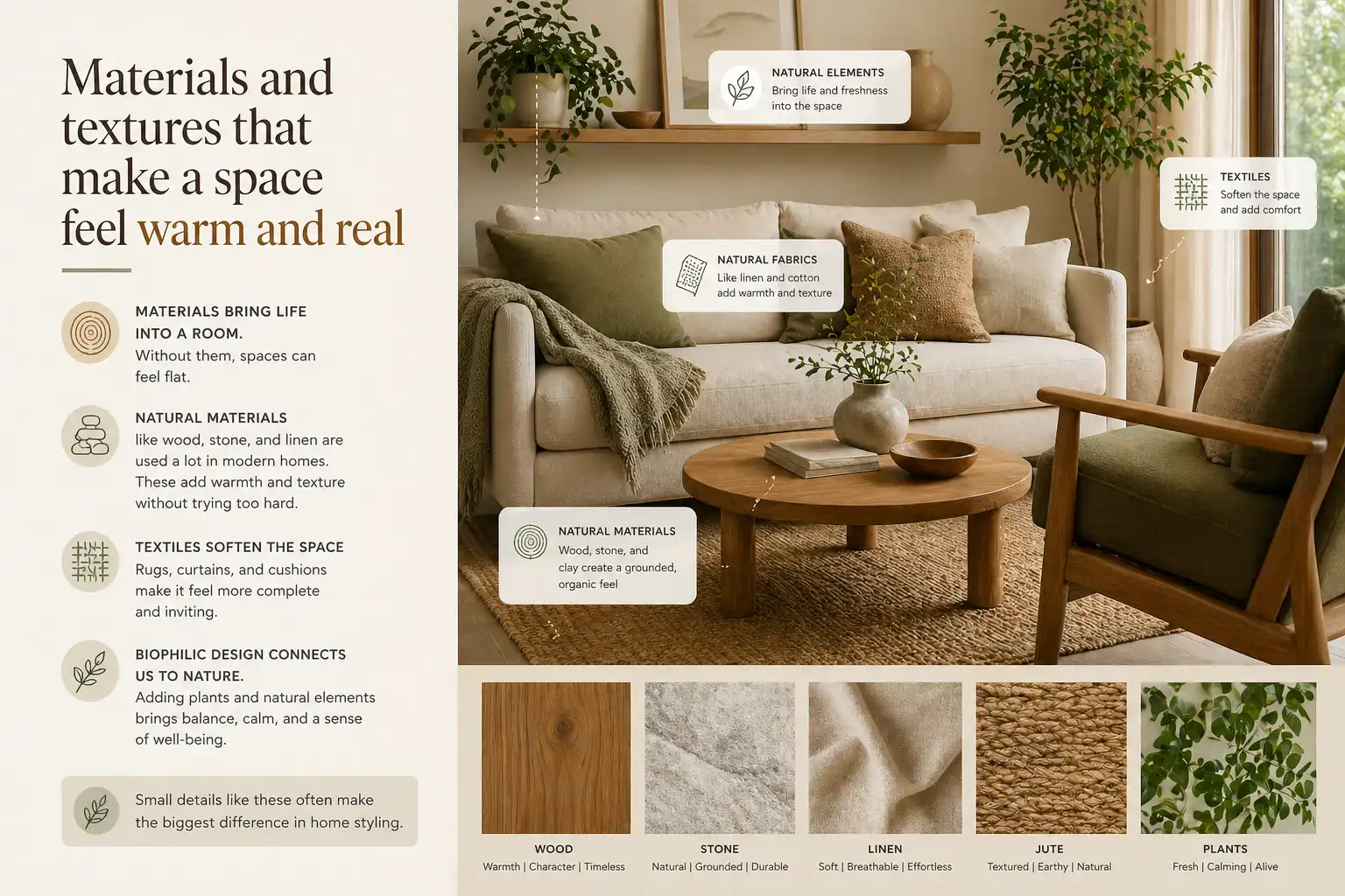 Materials and textures that make a space feel warm and real