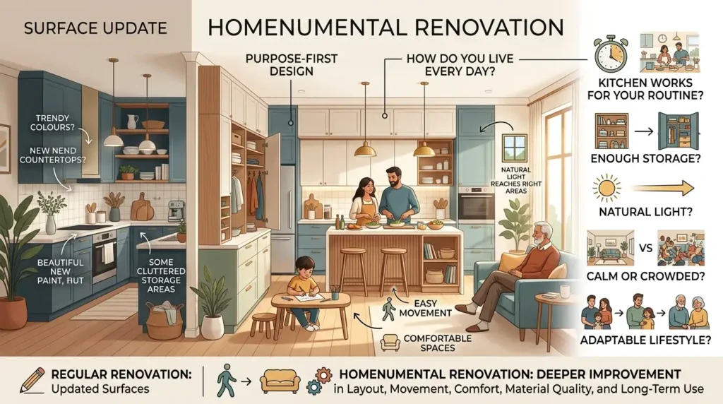 Home renovation layout and comfort improvement infographic