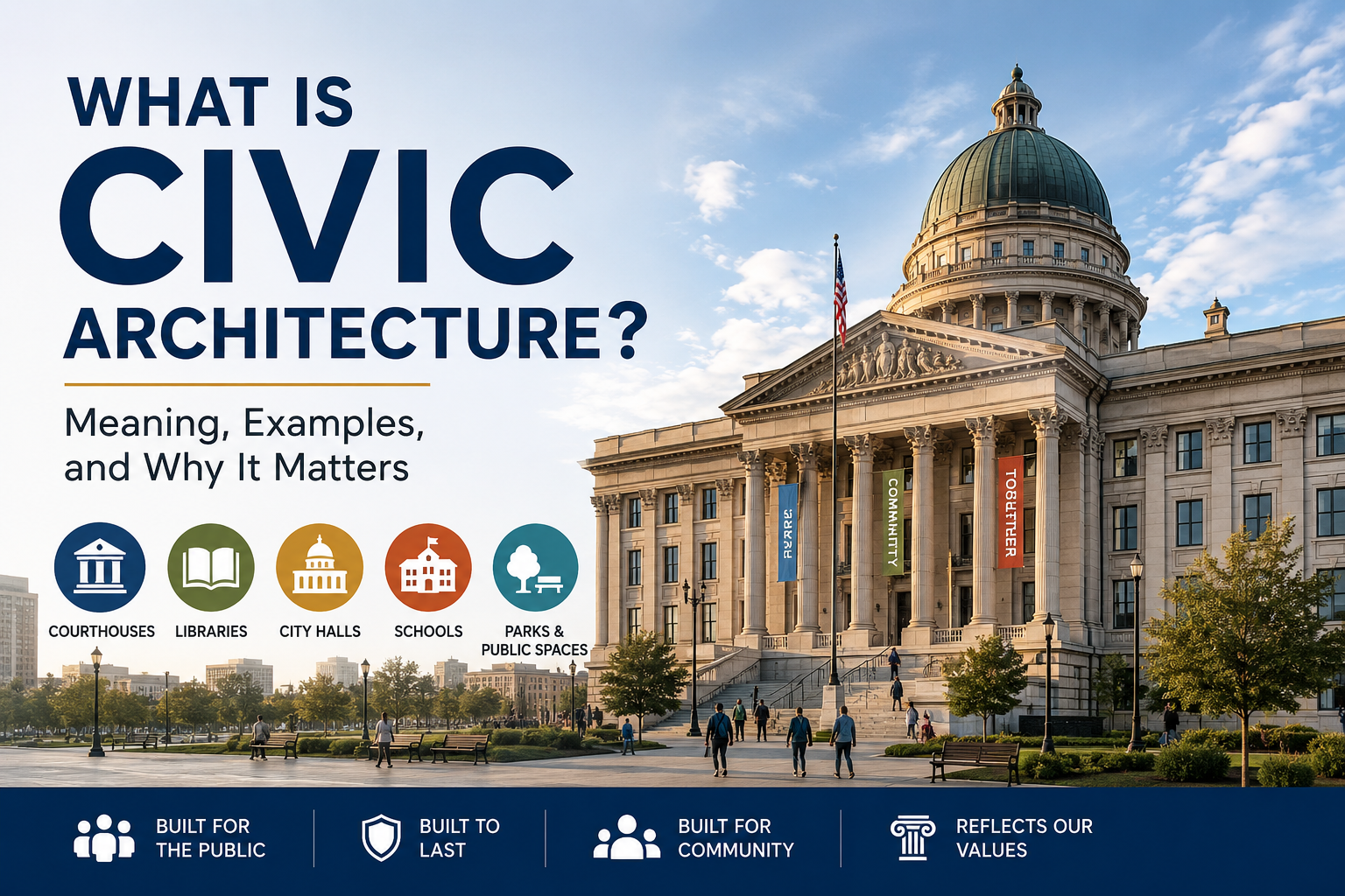 Illustration of civic architecture featuring a government building, highlighting the meaning, examples, and importance of civic architecture in public spaces